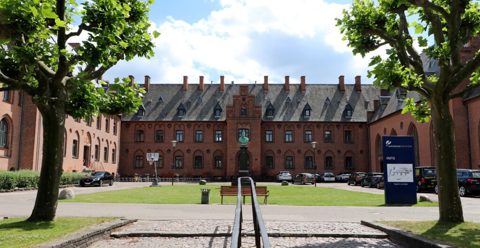 Sommerbillede af Diakonissestiftelsens hovedindgang, med Dronning Louises buste - set fra fortovet.