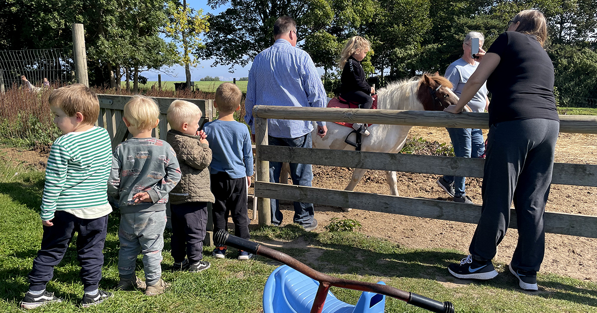 En lang kø af børn venter på at ride på en hest.