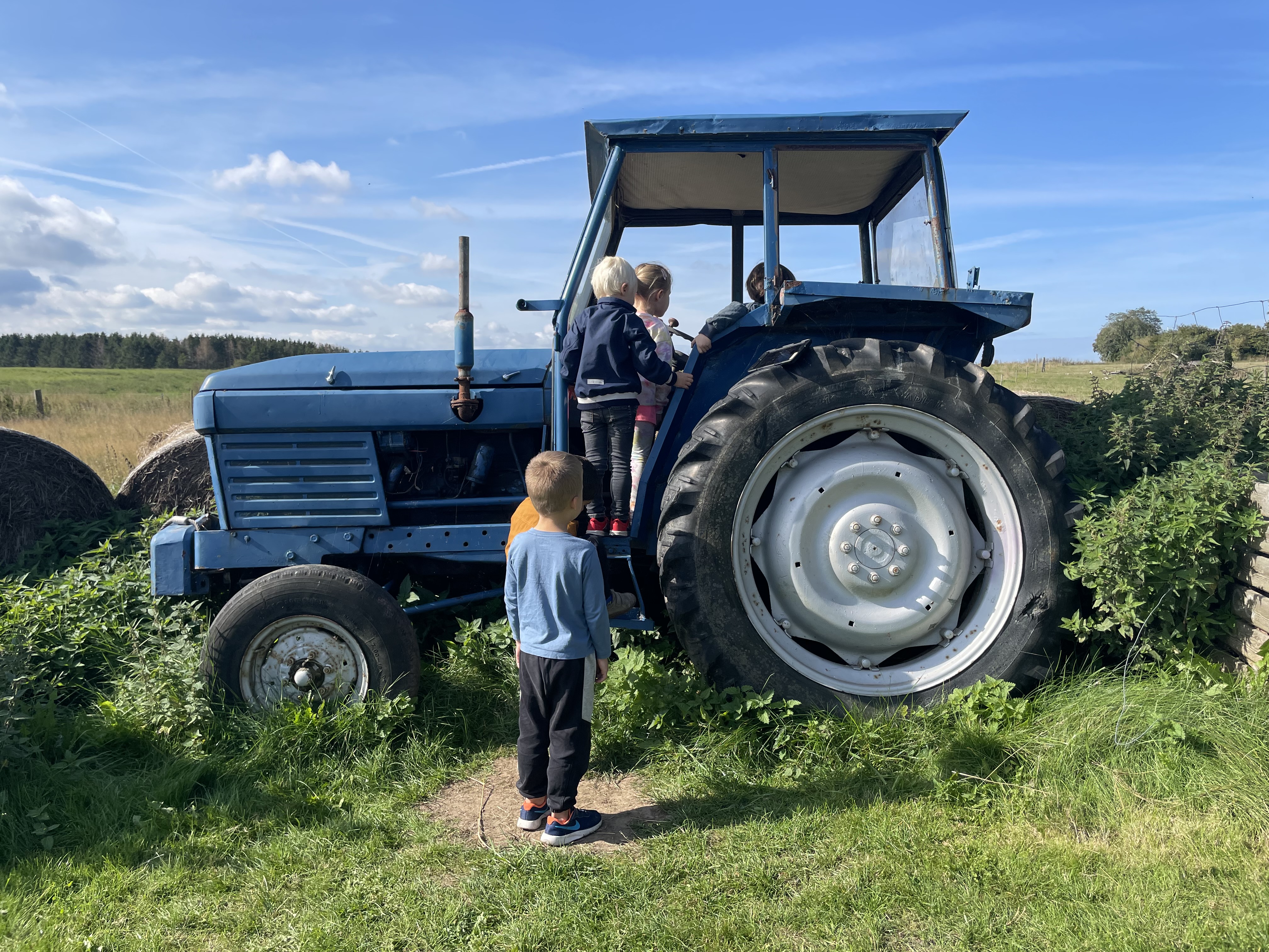 Billedet viser en gammel traktor, som børnene klatrer på.