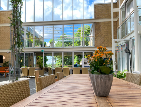 Æstetisk sommer billede taget indefra atriummet på Plejehjemmet Salem
