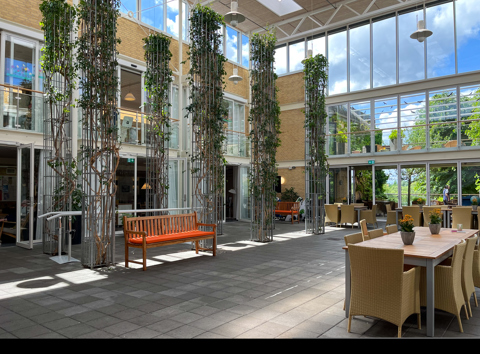 Rummeligt billede af atriummet på Plejehjemmet Salem, hvor man kan se den flotte indretning.